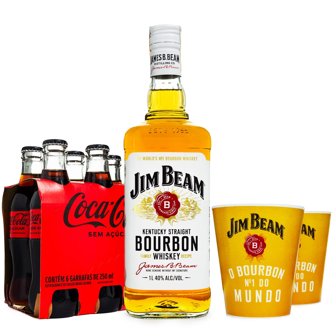 Combo Jim Beam Bourbon Whiskey 1L + 6 Coca-Cola Zero 250ml + 2 Copos JB
