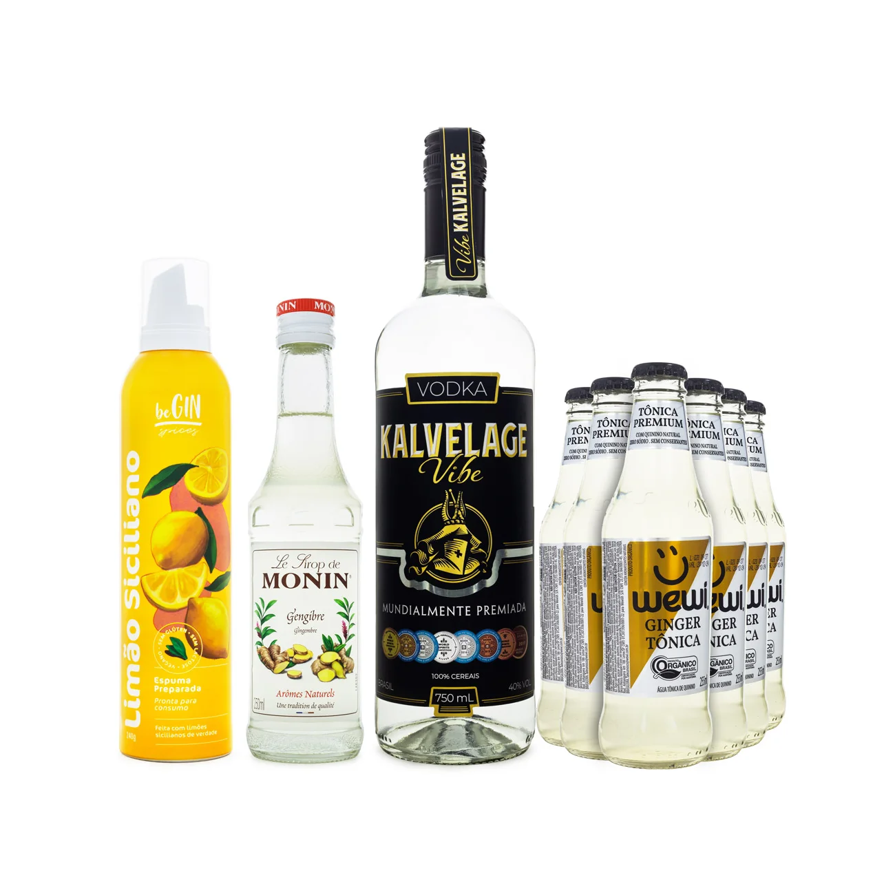 combo: 1 Vodka Kalvelage Vibe 750ml +6 Tônica Ginger Orgânica Wewi 255ml+ 1 Xarope Monin Gengibre 250ml +1 Espuma de Limão Siciliano Begin 240g