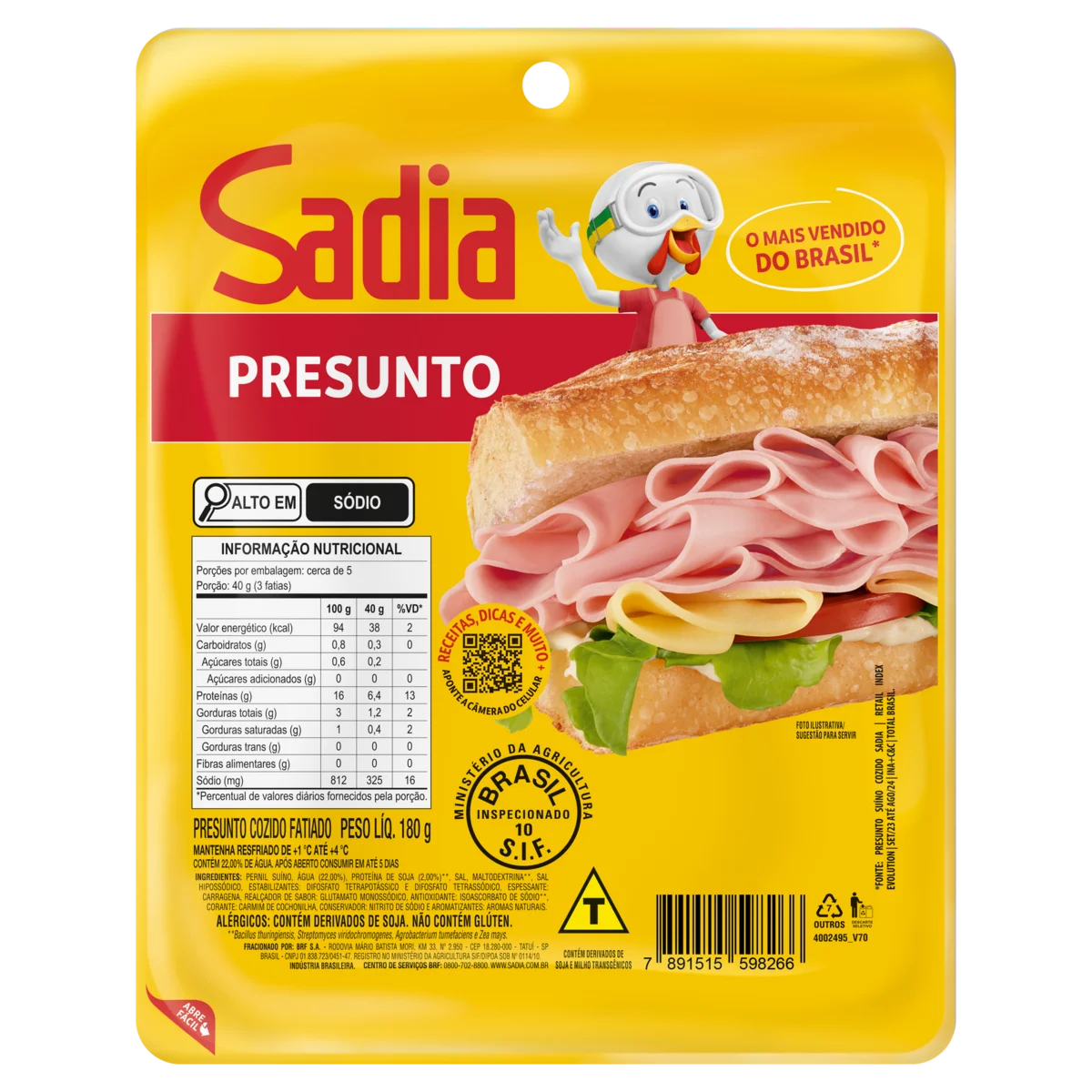 Presunto Cozido Fatiado Sadia 180g