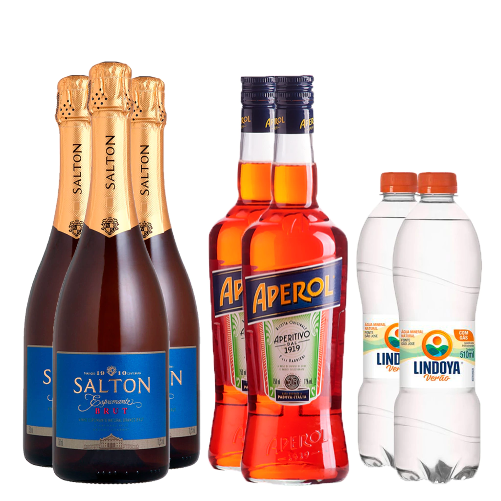 Combo Aperol Spritz Médio- 2 Aperitivo Aperol 750ml+3 Espumante Salton Brut 750ml+2 Água com Gás 500ml