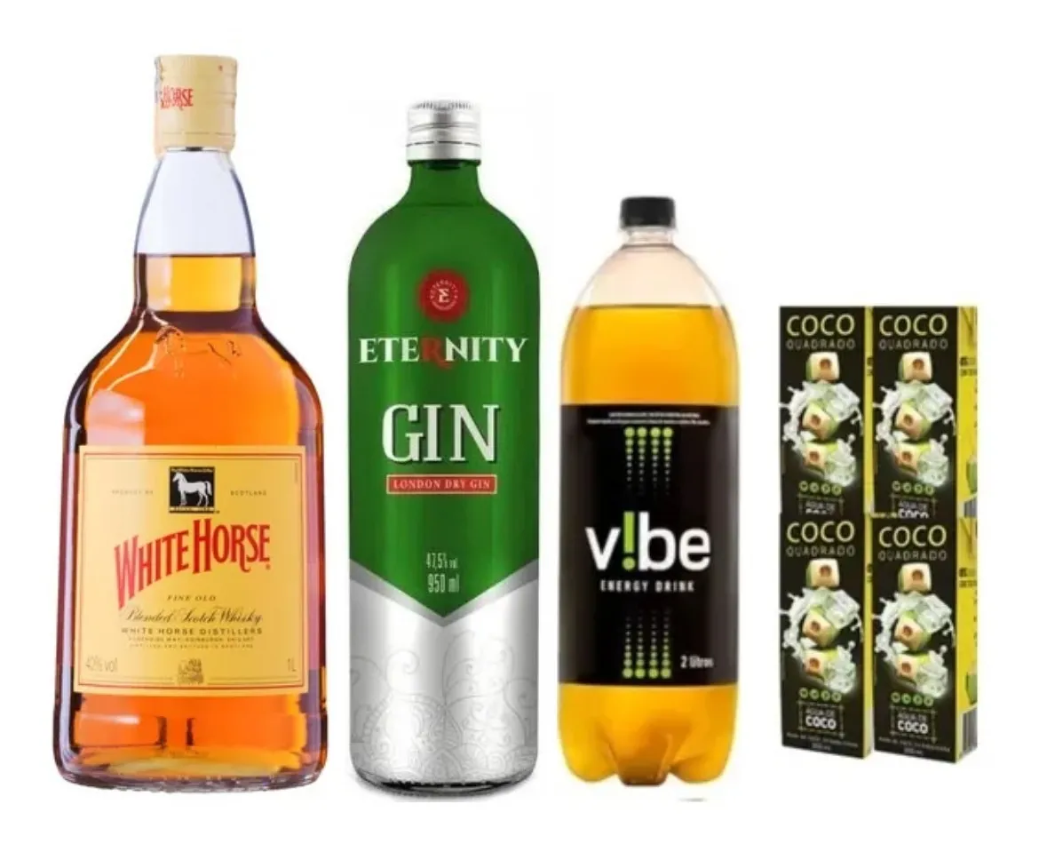 Kit Whisky Cavalo Bran 1l + Gin Eternity + Energético + Coco