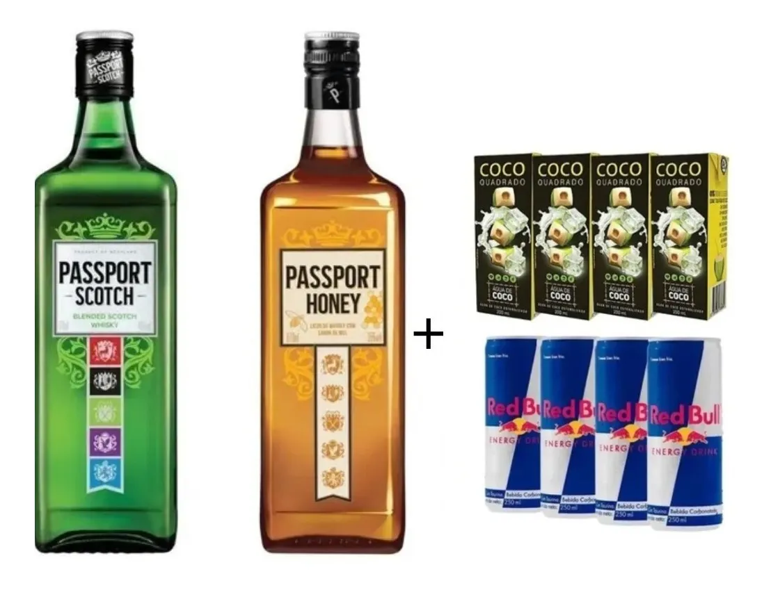 Combo1 Whisky Passport 670ml 1passport Honey/mel 670ml +4 red bull+4 agua de coco