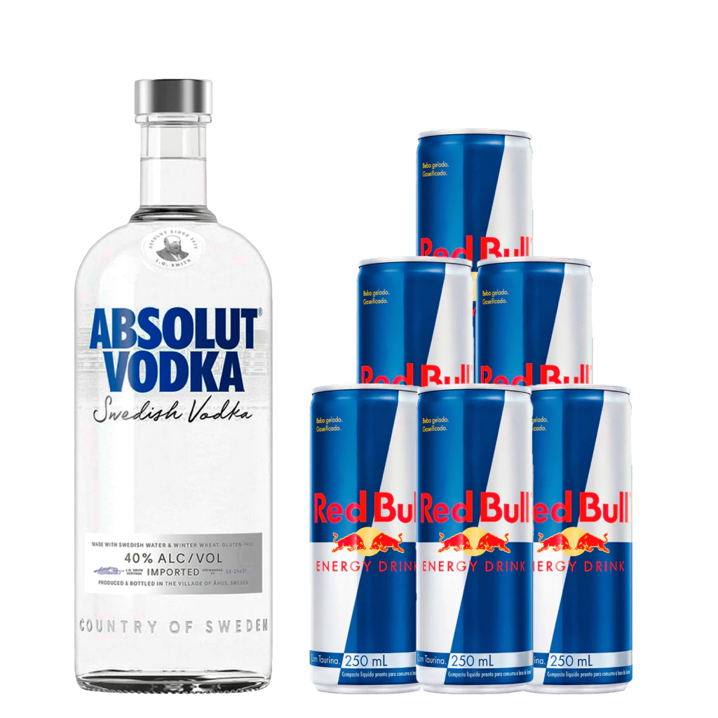 Combo Vodka Absolut Night Tradicional-1 Vodka Sueca Absolut Tradicional Garrafa 1l+ 6 energéticos Red Bull Energy Drink Tradicional 250ml